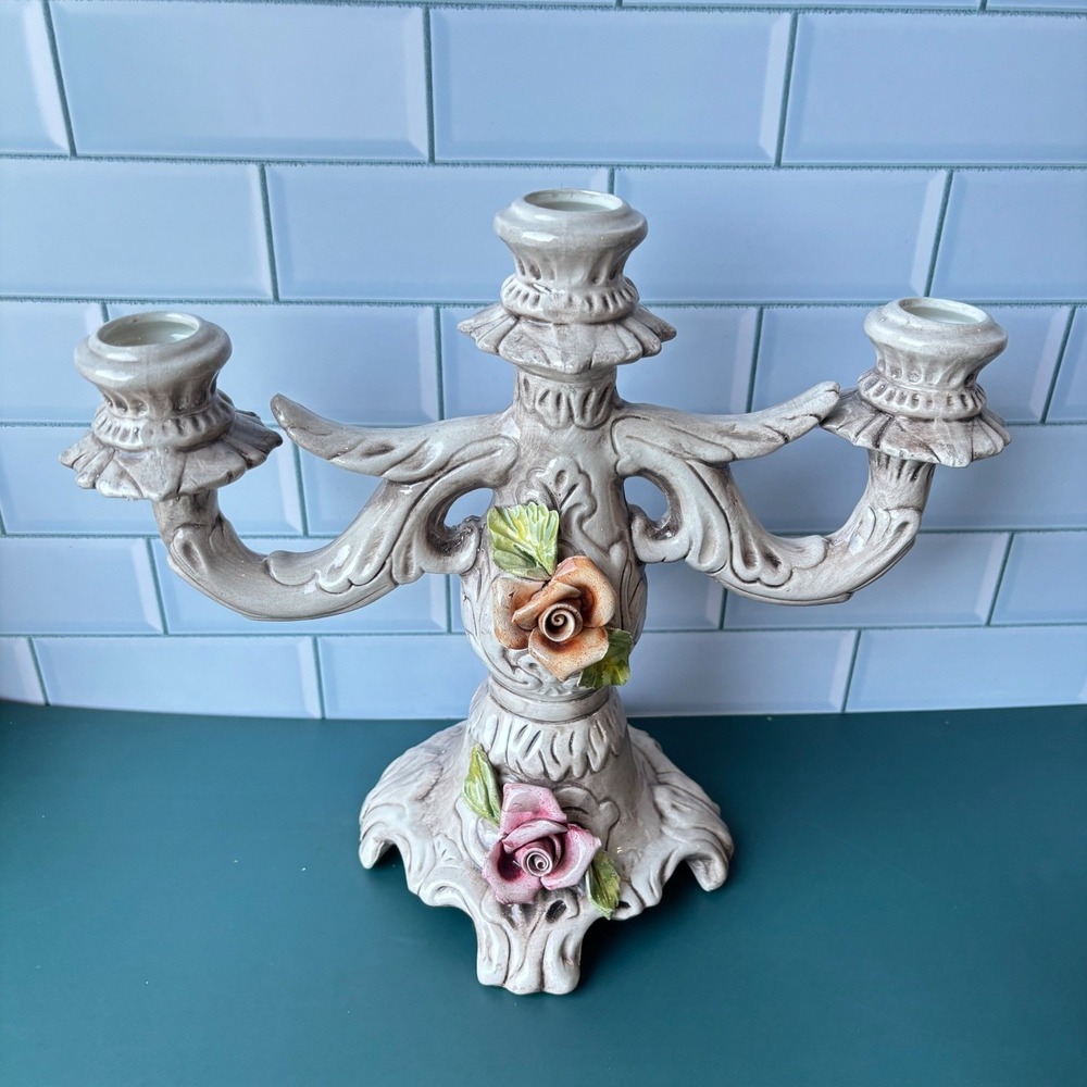 Vintage Ceramic 3 Arm Candelabra Capodimonte Floral Porcelain Roses Cream